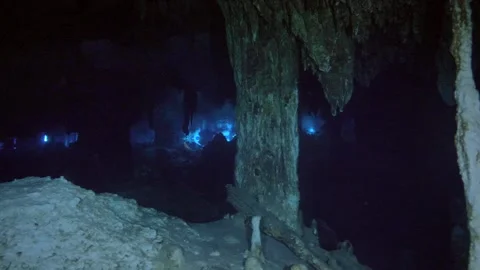 Light beam illuminating limestone column in cave 스톡 동영상 331796634