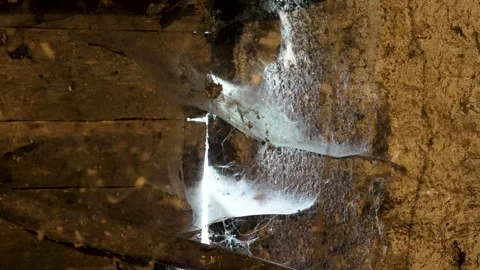 Light Beam Through Small Window Opening Illuminating Cobwebs in Rustic Cellar Stock Footage 345989572
