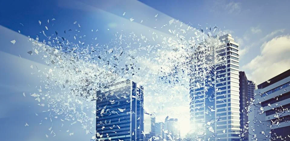 Light beaming from exploding modern highrises Stock Photos