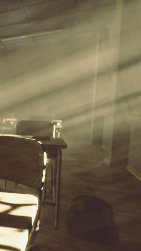 Light beams illuminate empty classroom with chairs and wooden floor Stock Footage 334260031
