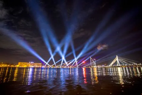 Light beams over river Daugava Stock Photos