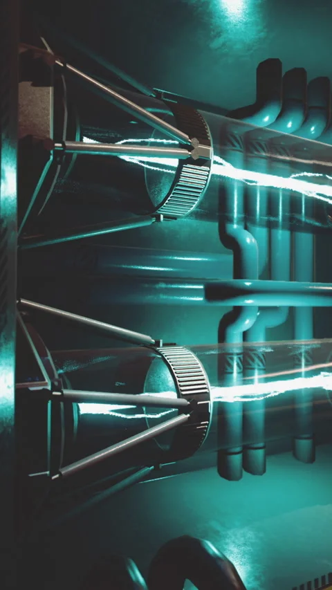 Light beams pass through mechanical pipes in a control room setting Stock Footage 336028077