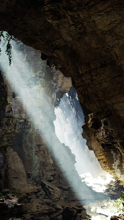 Light beams shine into cave with waterfall in background at midday Stock Footage 331764129
