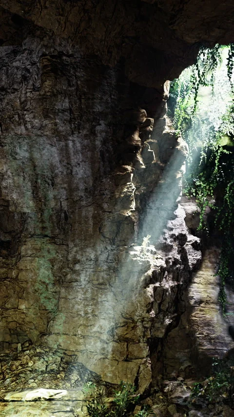 Light beams shine through a rocky cave with green vines hanging down Stock Footage 331764676
