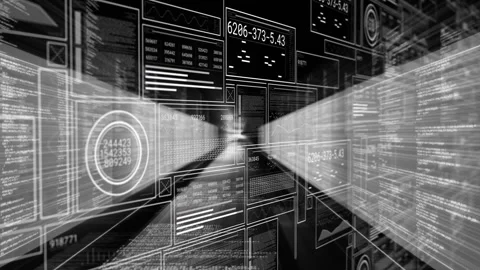 Light beams sweeping inward sparking data corridor surging, panels scroll, HUD Stock Footage 331276122