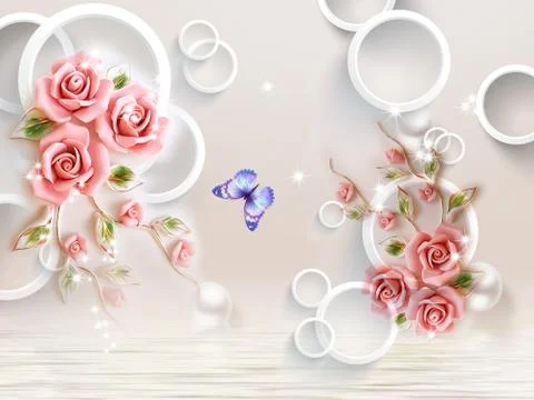Light beige background, white rings, pearls, curly pink roses, lilac butterfly Stock Illustration