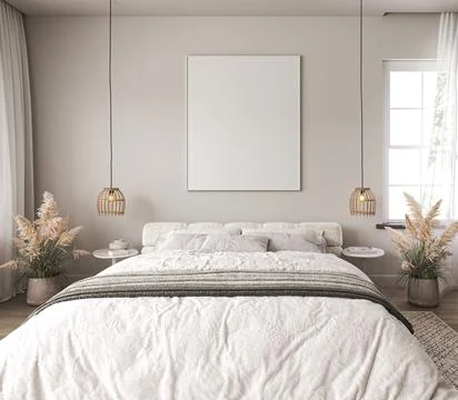 Light beige home interior wall mock up with white bed, wooden floor and dry Ilustración de archivo