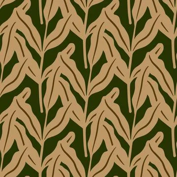 Light beige seamless doodle pattern with floral leaves ornament. Dark green b Stock Illustration