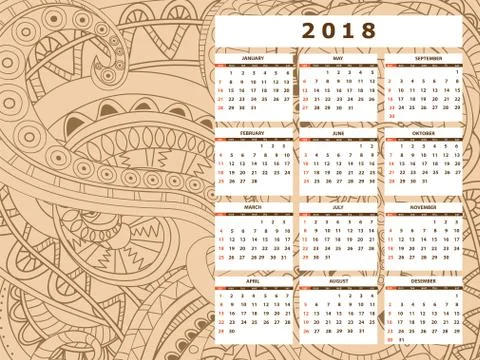 Light beige tangle zen pattern calendar year 2018 Stock Illustration