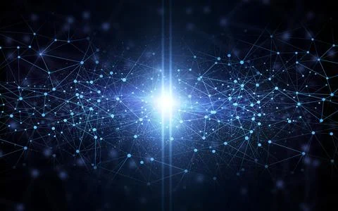 Light, black background and space network with galaxy and pattern graphic with Stock Illustration