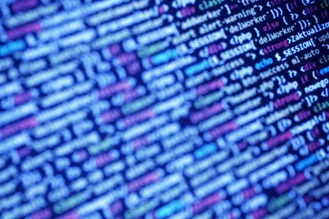 Light blue abstract  computer code. HTML and PHP command. Display witch web t Stock Photos