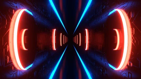 Light Blue and Red Beautiful Neon Futuristic Corridor with Chip Patterns Bac Stock Footage 301886069