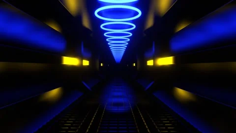 Light Blue and Yellow Endless Sci-Fi Corridor with Neon Lighting Background  Stock Footage 299807030