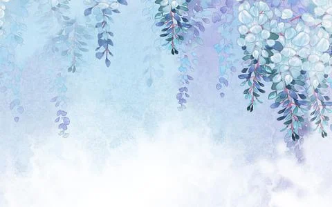 Light blue background with abstract plants hanging from above Stock Illustration