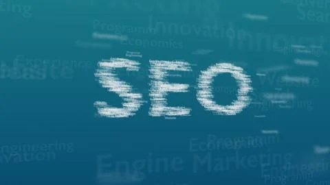 Light blue background with different words, which deal with Search Engine Stock Illustration