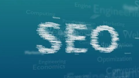 Light blue background with different words, which deal with Search Engine Stock Illustration