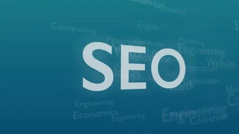 Light blue background with different words, which deal with Search Engine Stock Illustration