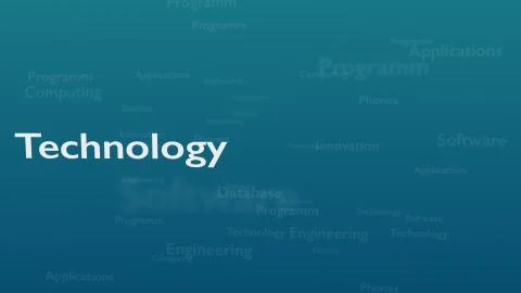 Light blue background with different words, which deal with technology. Close up Illustrazione stock