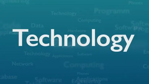 Light blue background with different words, which deal with technology. Close up Illustrazione stock