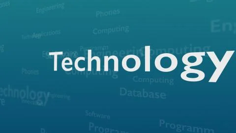 Light blue background with different words, which deal with technology. Close up Illustrazione stock