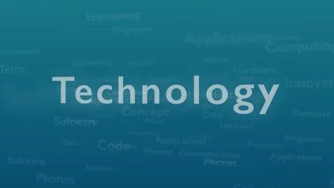 Light blue background with different words, which deal with technology. Close up Illustrazione stock