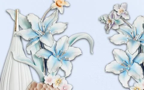 Light blue background, large white vase, large lilies, beige fairy flowers Stock Illustration