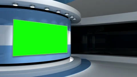 Light blue background. News studio. Green screen on the wall. 3d render. 3d Stock Footage 151302634
