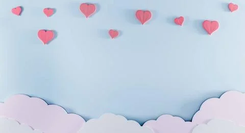 Light blue background with paper clouds and pink hearts. Valentine s Day a... Stock Photos
