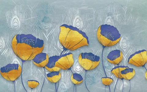 Light blue background with peacock feathers, large yellow poppies Stock Illustration