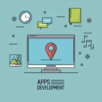 Light blue background poster of apps development with desktop computer with map Stockillustratie