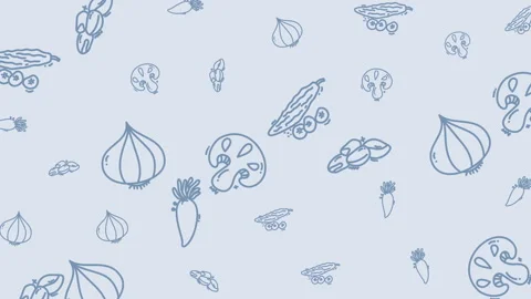 Light blue background with scattered vegetable drawings. Suitable for food blog, Stock Footage 323970451