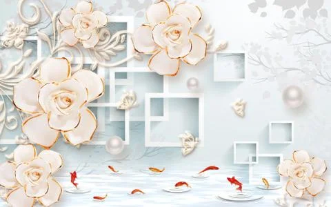 Light blue background, square frames, pearls, beige gilded roses Stock Illustration