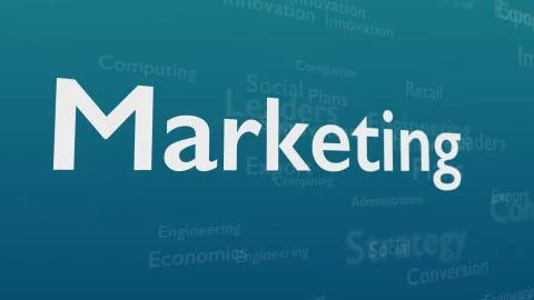 Light blue background with subject words, which deal with marketing. The bold Stock Illustration