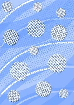 Light blue background with waves, white halftone circles and areas with halftone Stock Illustration