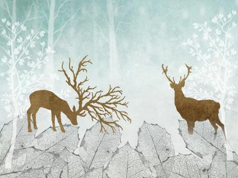 Light blue background, white outlines of trees, gray leaves, two deer contours Stock Illustration