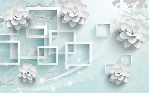 Light blue background,rectangular frames, gray trees, large white paper flowers Stock Illustration