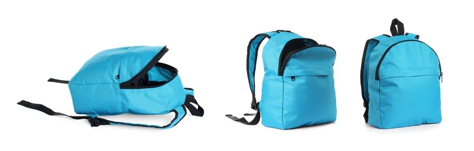 Light blue backpack isolated on white, collage. Different sides Photos
