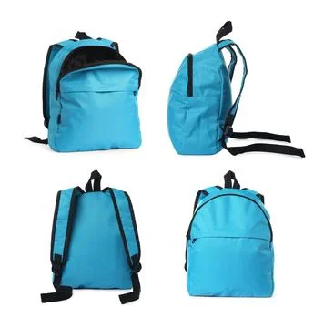 Light blue backpack isolated on white, collage. Different sides Stock Photos