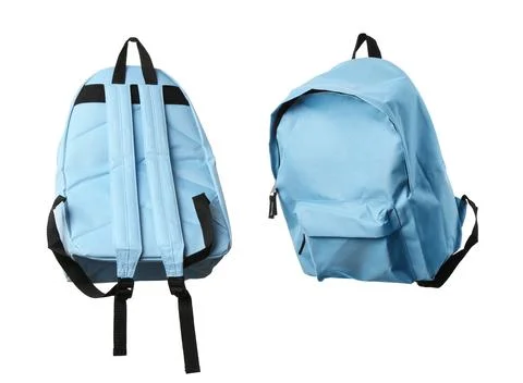 Light blue backpack isolated on white, collage. Different sides Photos