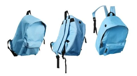 Light blue backpack isolated on white, collage. Different sides Photos