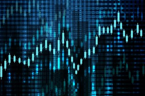 Light blue candle stick graph shows uptrend and downtrend of the stock on dar Stock Illustration