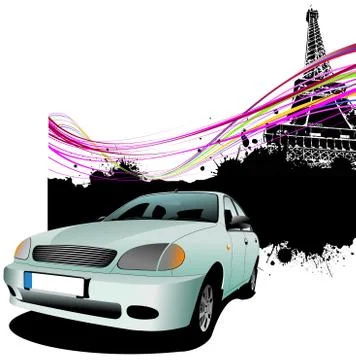 Light blue car with Paris image background. Vector illustration Stock Illustration