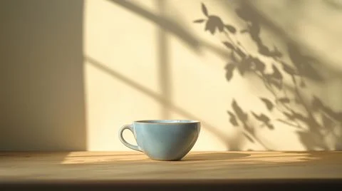 A light blue ceramic coffee cup on a table with soft natural lighting and a warm Stock Photos