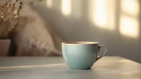 A light blue ceramic coffee cup on a table with soft natural lighting and a warm Foto stock