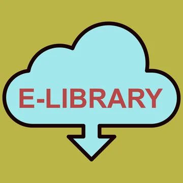 Light blue cloud with bold red text "E-LIBRARY" inside. Black outline frame.. Stock Illustration