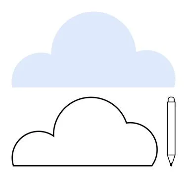 Light blue cloud image above a black outlined cloud drawing next to a pen. Id Stock Illustration