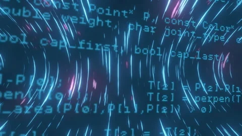 Light-blue code snippets floating through deep navy 3D render with neon streaks Stock Footage 309287174