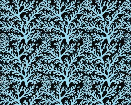 Light Blue Coral Reef Pattern on Solid Black Background Stock Illustration