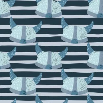 Light blue doodle viking helmet elements seamless pattern. Striped background Illustrazione stock