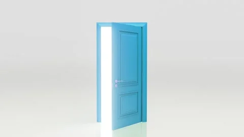 Light blue door opening on white background Stock Footage 310791998